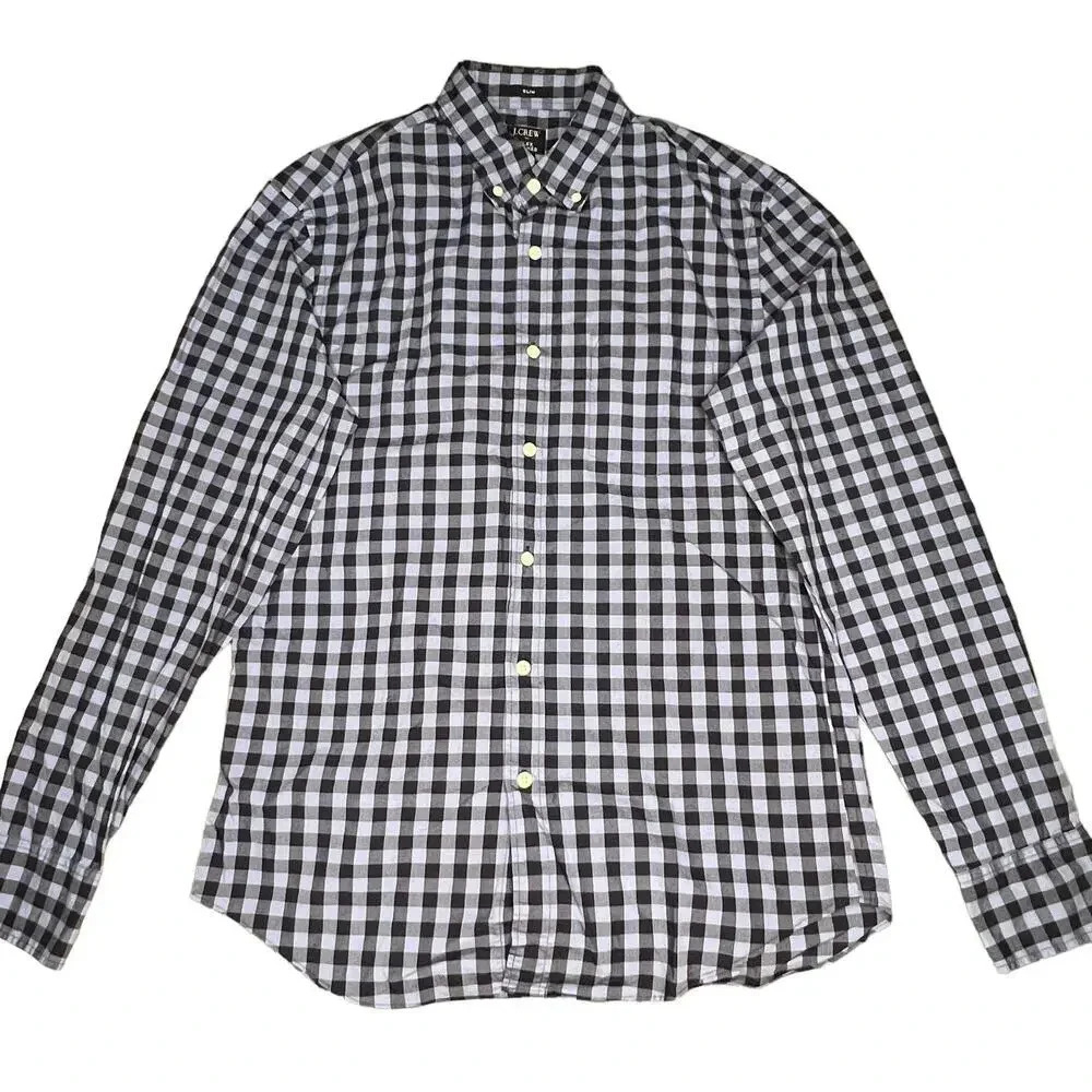J.CREW Men's Medium Flex Washed‎ Navy/Blue Gingham Long Sleeve Button-Down Shirt